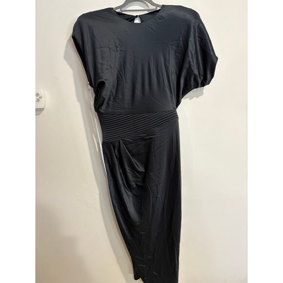 Zhivago Bond Satin Pleated Asymmetric Midi Formal Dress Black Women's Size US 8 - Picture 3 of 6